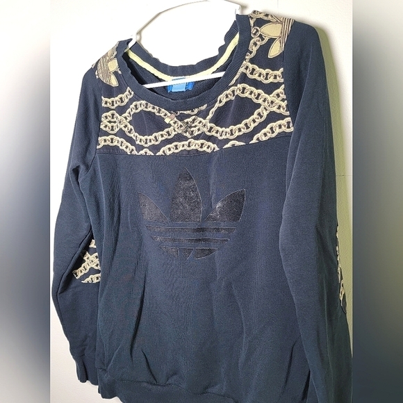 Women's Adidas Trefoil Black and Gold Chain Print Sweatshirt, Size Medium - Picture 2 of 5